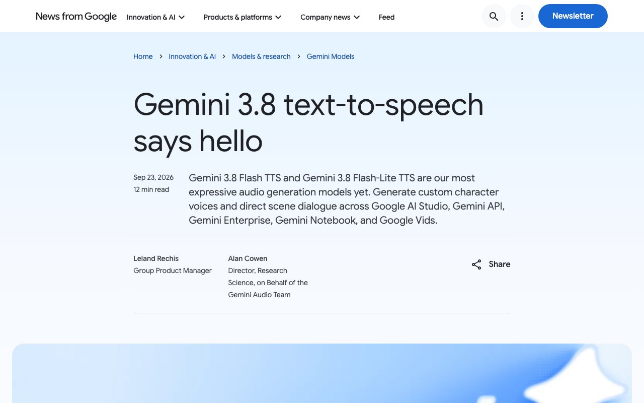 Google、音声合成モデル「Gemini 3.8 Flash TTS」を公開　2,000以上の声と30秒からの声の再現に対応