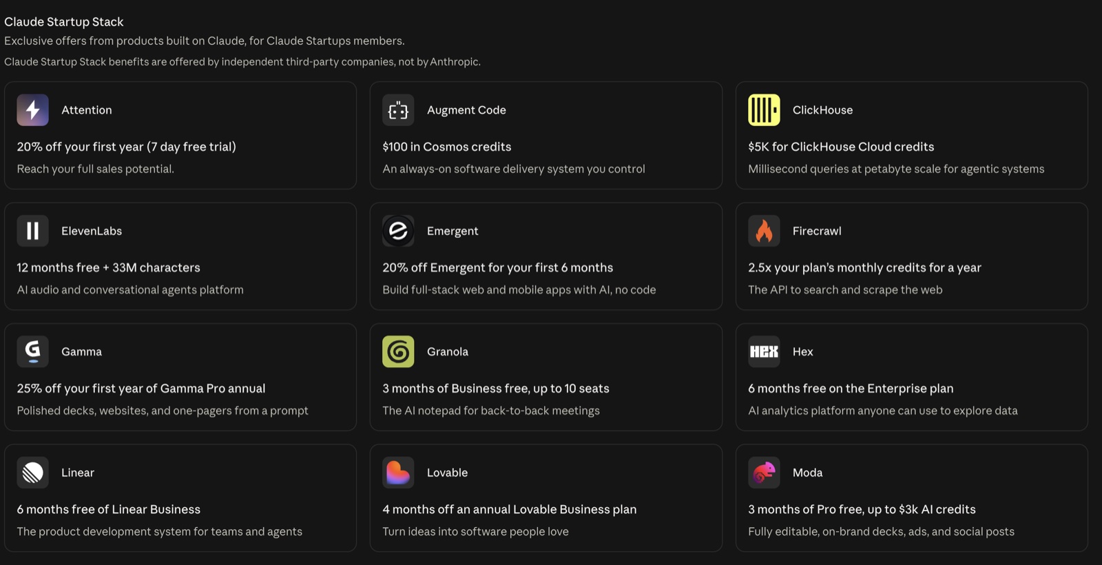 Parte da lista de ofertas do Claude Startup Stack exibida no Claude Console, com ofertas de Attention, Augment Code, ClickHouse, ElevenLabs, Emergent, Firecrawl, Gamma, Granola, Hex, Linear, Lovable, Moda e outras empresas