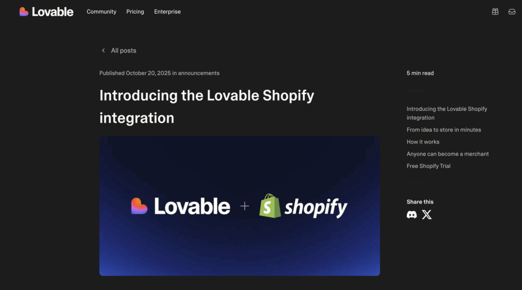 LovableがShopifyとのインテグレーションを発表　AIとの会話だけで本格ECサイトが数分で完成